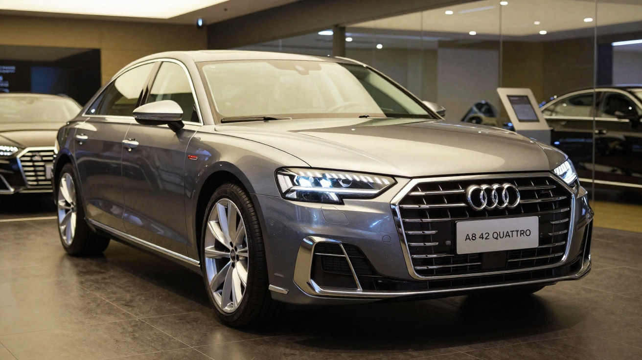 Carro Audi A8 42 Quattro cinza exibido em showroom com iluminação interna.