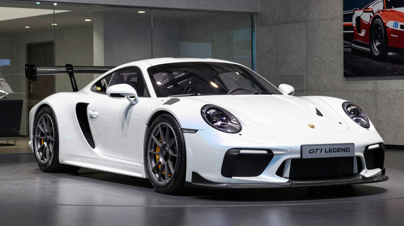 Carro esportivo branco Porsche GT1 Legend estacionado em ambiente interno com parede de concreto ao fundo.