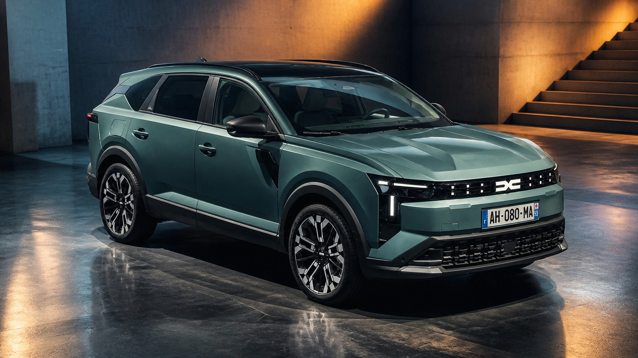 SUV verde com teto preto estacionado em ambiente interno iluminado por luz amarelada