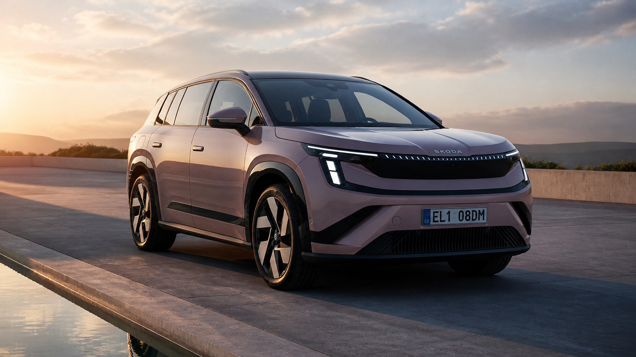 Carro elétrico SUV Skoda en estacionamento ao pôr do sol com luzes de LED acesas.