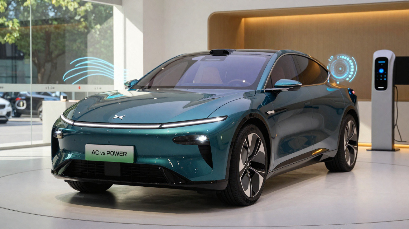 Carro elétrico azul escuro em exposição com estação de recarga ao fundo em ambiente interno moderno.