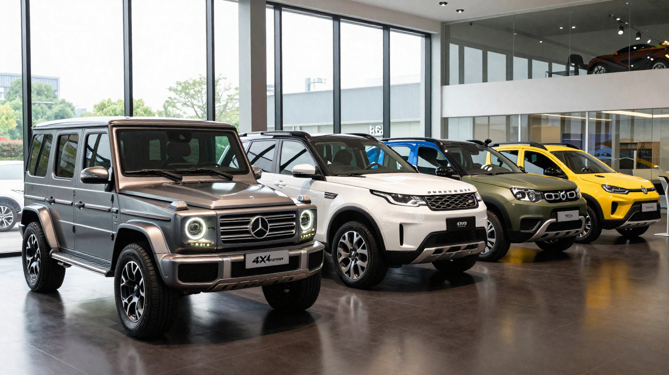 Showroom de carros com modelos 4x4 Mercedes, Land Rover, BMW e Renault alinhados lado a lado.