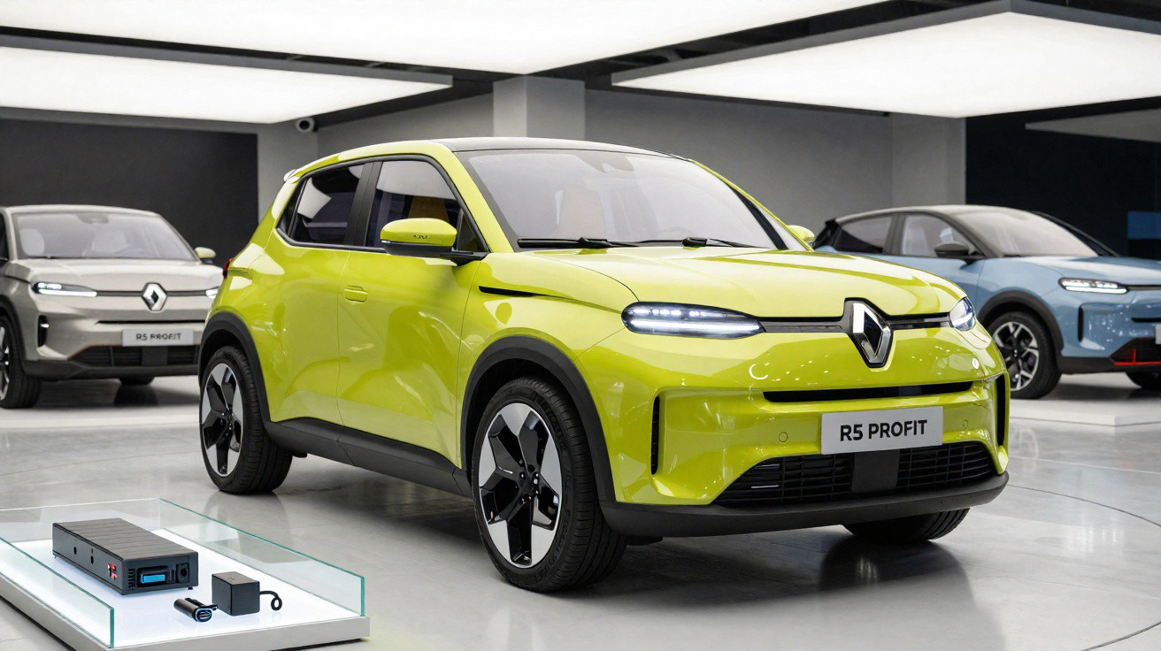 Carro elétrico compacto verde limão Renault R5 Profit exposto em showroom moderno com outros veículos ao fundo.