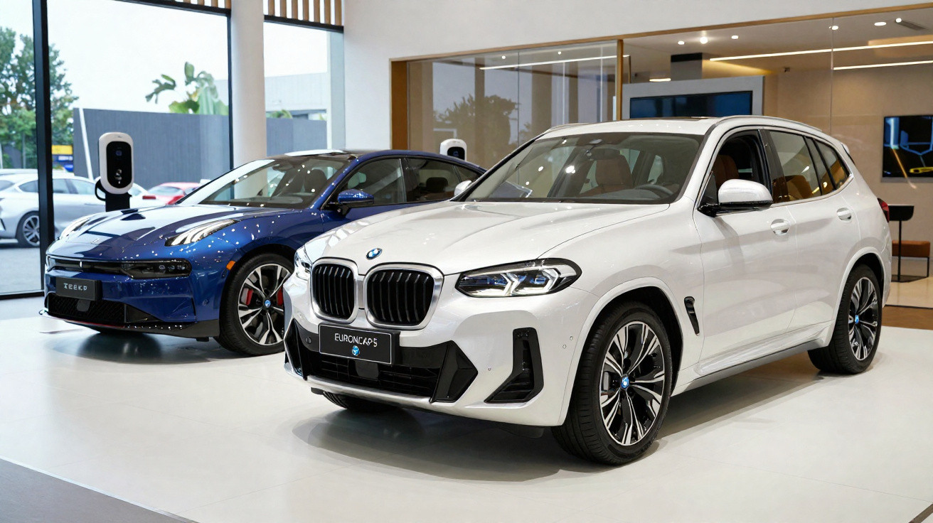 Interior de showroom com dois carros expostos, BMW branco em destaque e carro azul ao fundo.