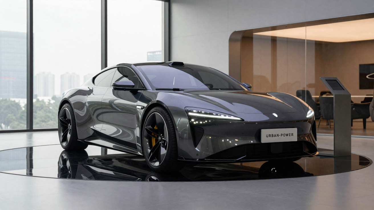 Carro esportivo cinza escuro em exposição moderna com vidros grandes e ambiente elegante.