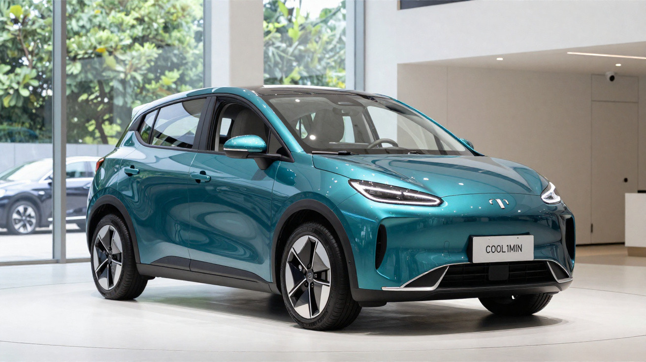 Carro elétrico compacto azul turquesa modelo Coolmin exposto em ambiente interno moderno.