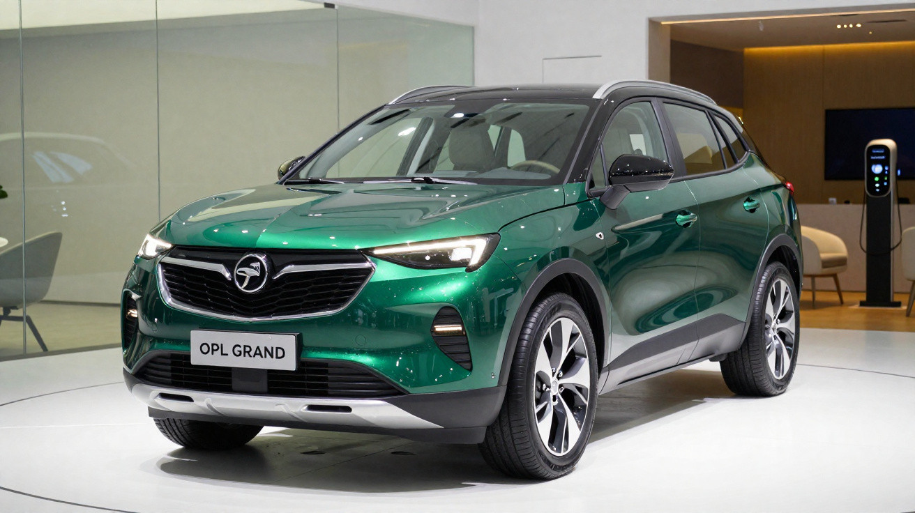 Carro SUV verde metálico OPL GRAND em exposição em ambiente interno moderno e iluminado.
