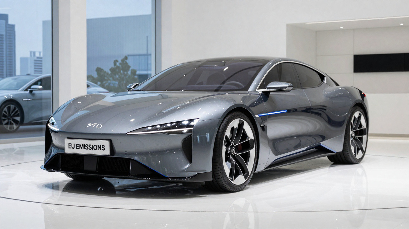 Carro esportivo elétrico cinza exibido em salão com design moderno e aerodinâmico.