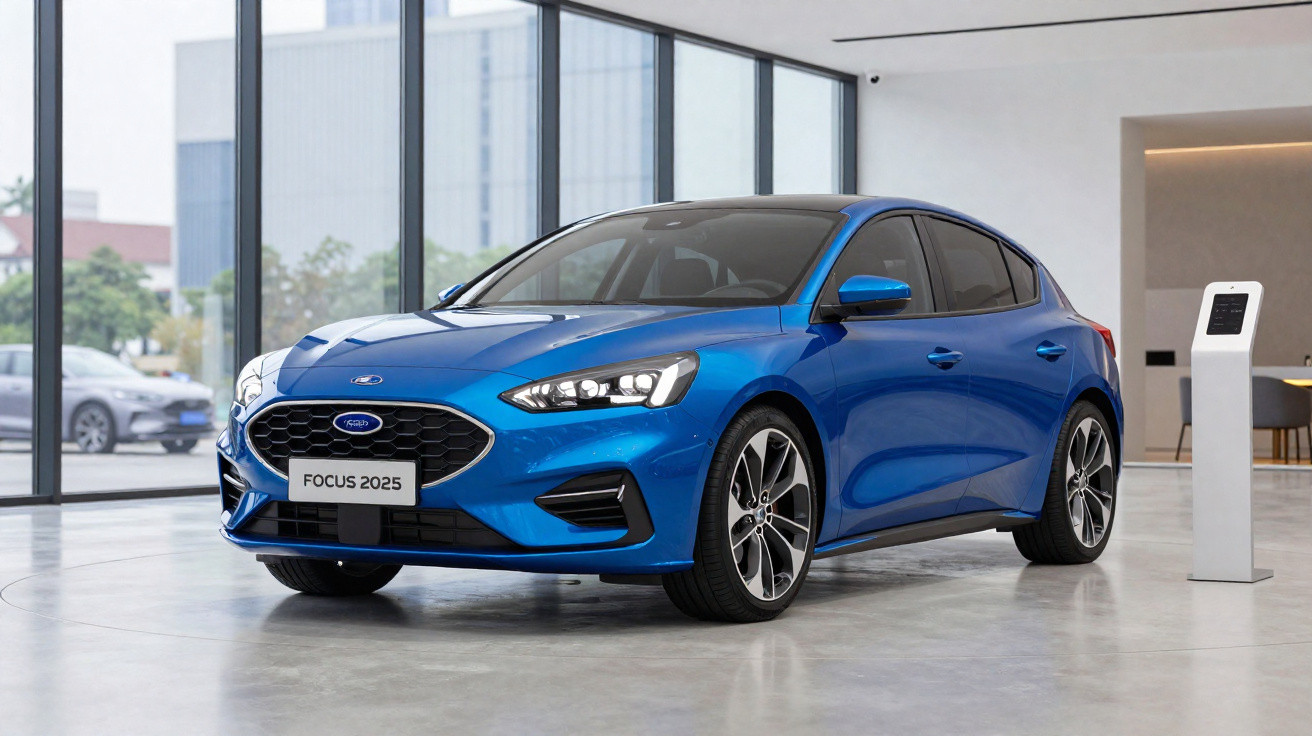 Carro hatchback azul Ford Focus 2025 em exibição dentro de showroom moderno com paredes de vidro.