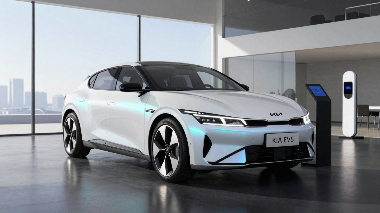 Carro elétrico Kia EV6 na cor branca em ambiente moderno com estação de carregamento e vista da cidade.