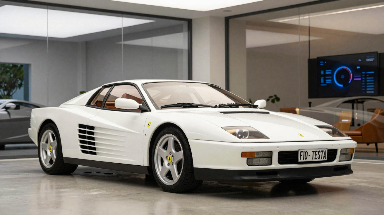 Carro esportivo Ferrari Testarossa branco em ambiente interno moderno com paredes de vidro.