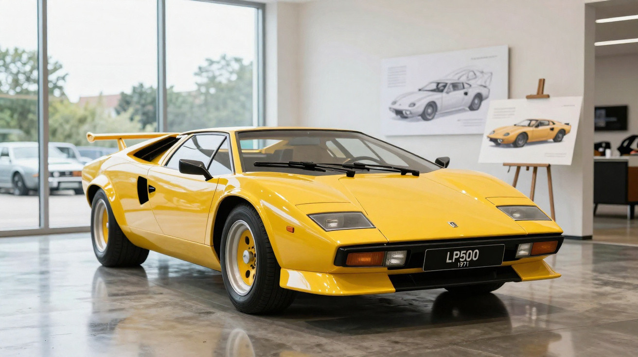 Carro esportivo Lamborghini LP500 amarelo de 1971 exposto em showroom com pisos refletivos.