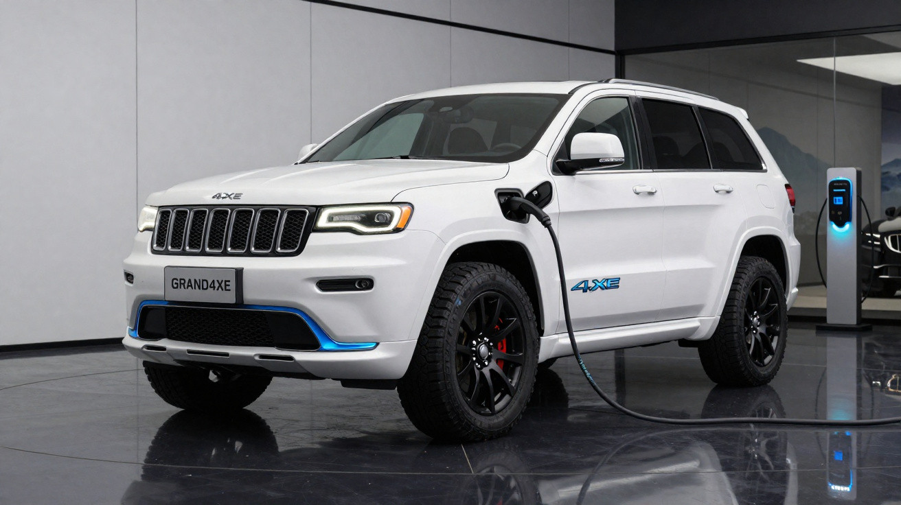 SUV branco elétrico Grand4XE conectado à estação de recarga em ambiente interno moderno.