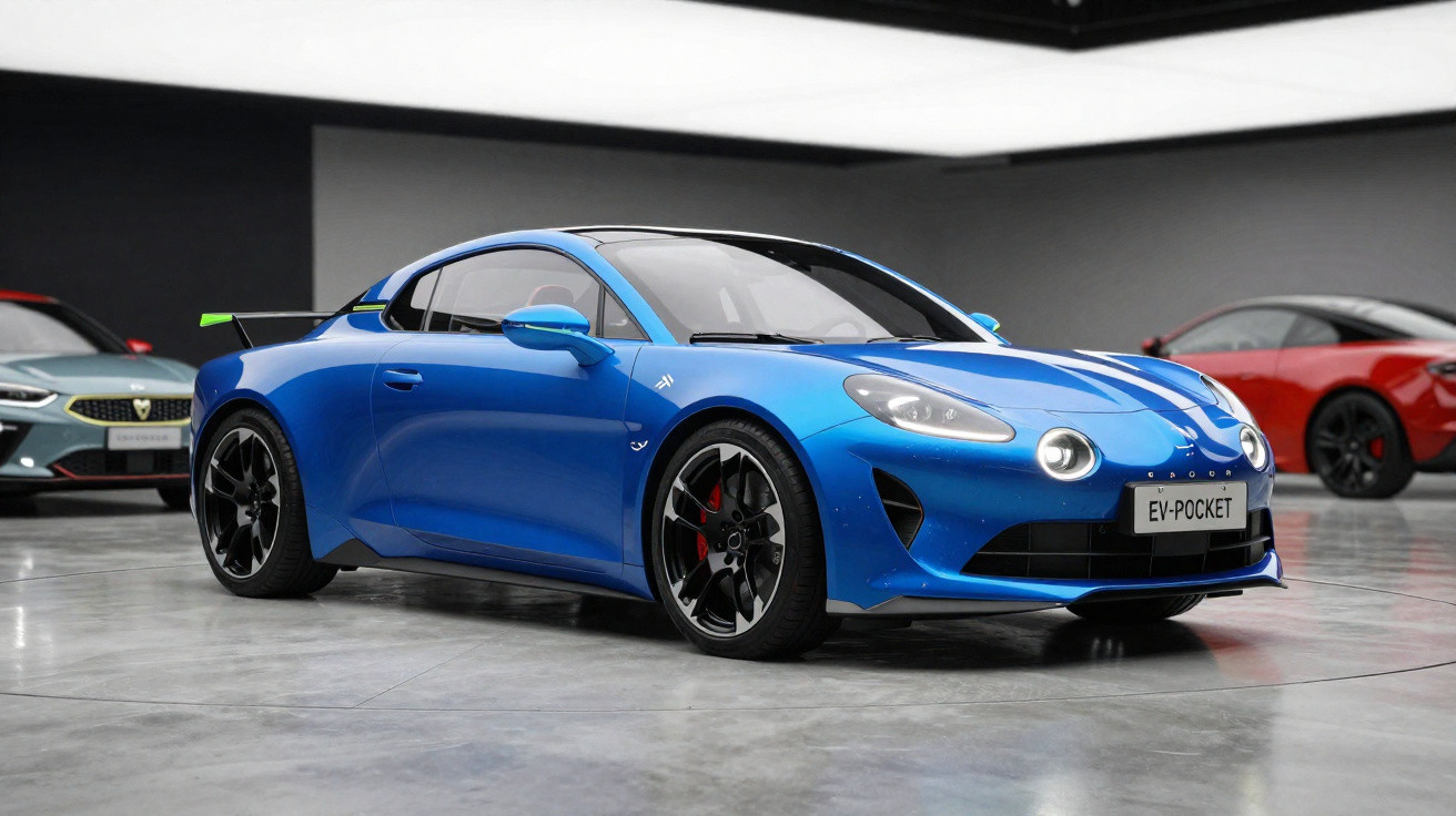Carro esportivo elétrico azul modelo EV-POCKET em exposição interna, com dois carros ao fundo.