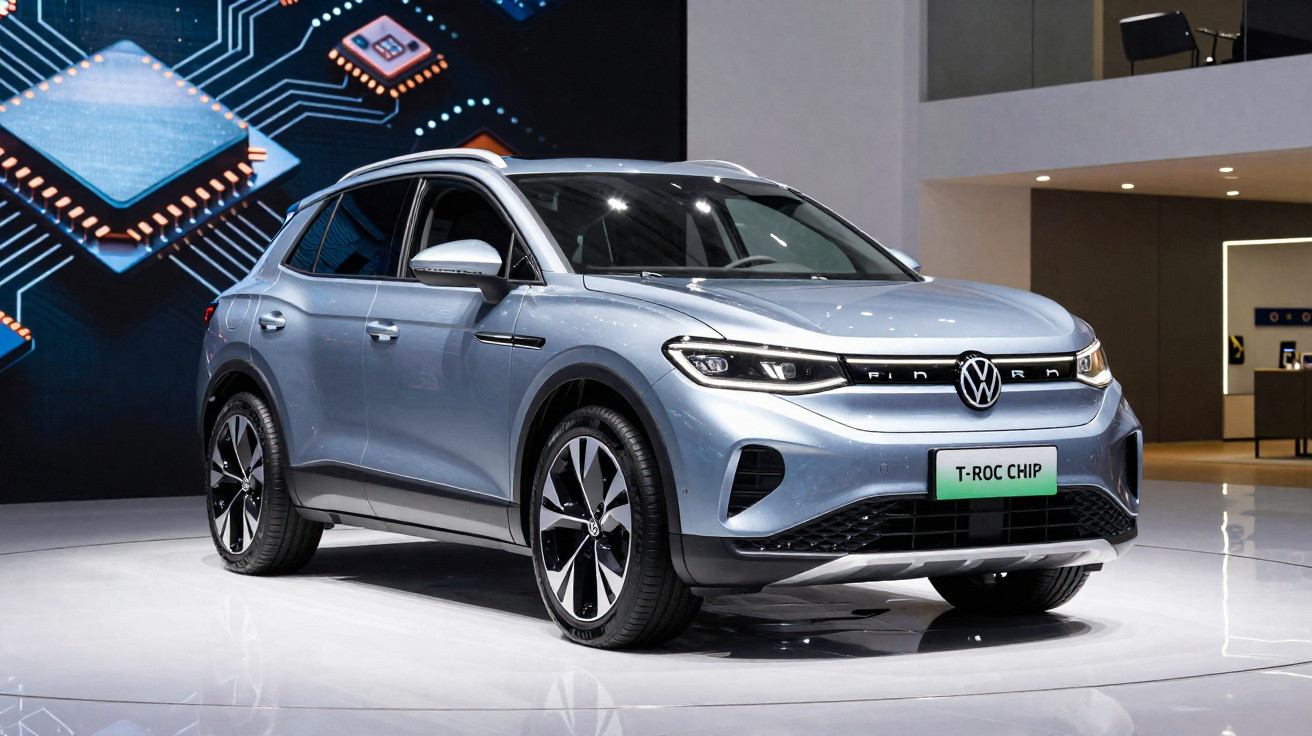 Carro elétrico Volkswagen T-Roc Chip prata exposto em salão, com fundo digital de chip e circuito eletrônico.