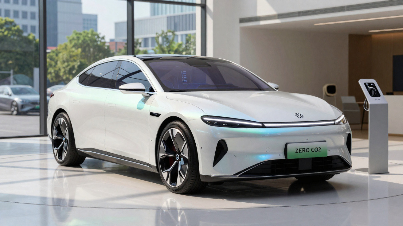 Carro elétrico branco em exposição interna com placa escrita ZERO CO2 e estação de recarga ao lado.
