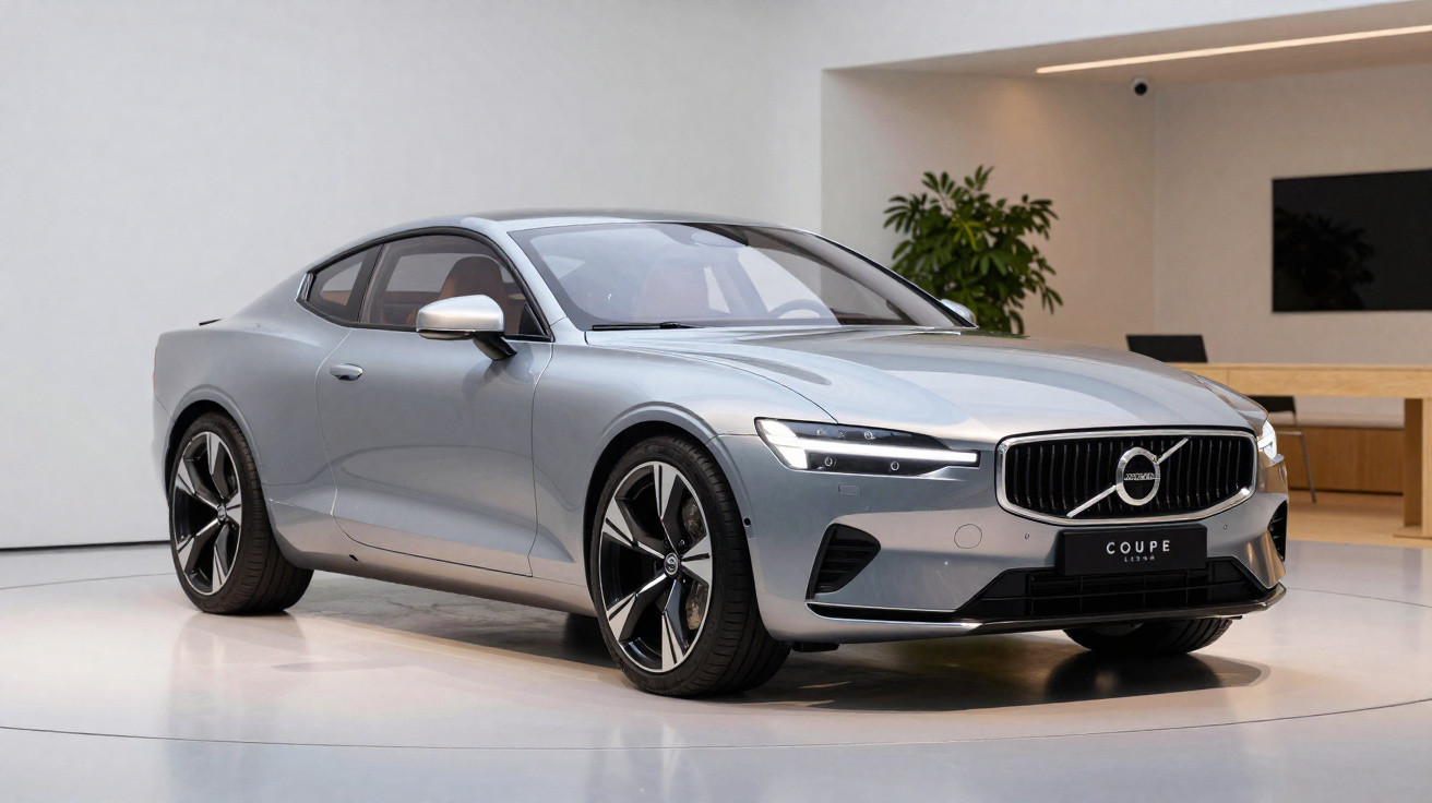 Carro Volvo coupe cinza metálico em exposição interna com design moderno e rodas grandes.