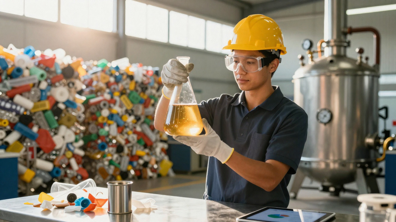 Homem com capacete e óculos de proteção segura frasco com líquido amarelo em laboratório industrial.
