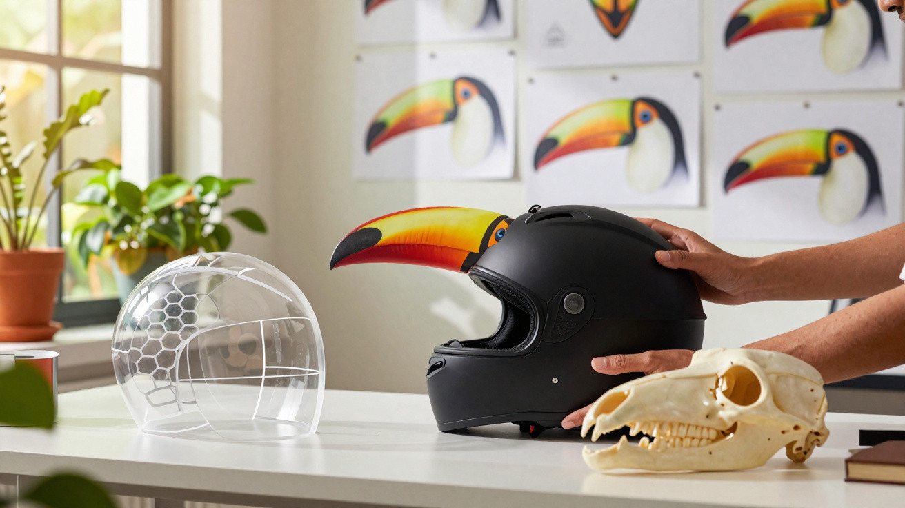 Pessoa segura capacete preto com desenho de bico de tucano em mesa com capacete transparente e crânio animal.