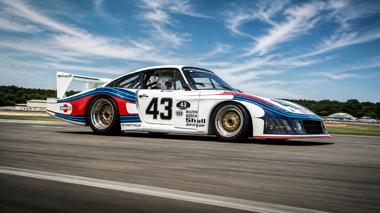 Carro de corrida Porsche 935 com pintura branca, azul e vermelha, acelerando em pista sob céu azul com nuvens.