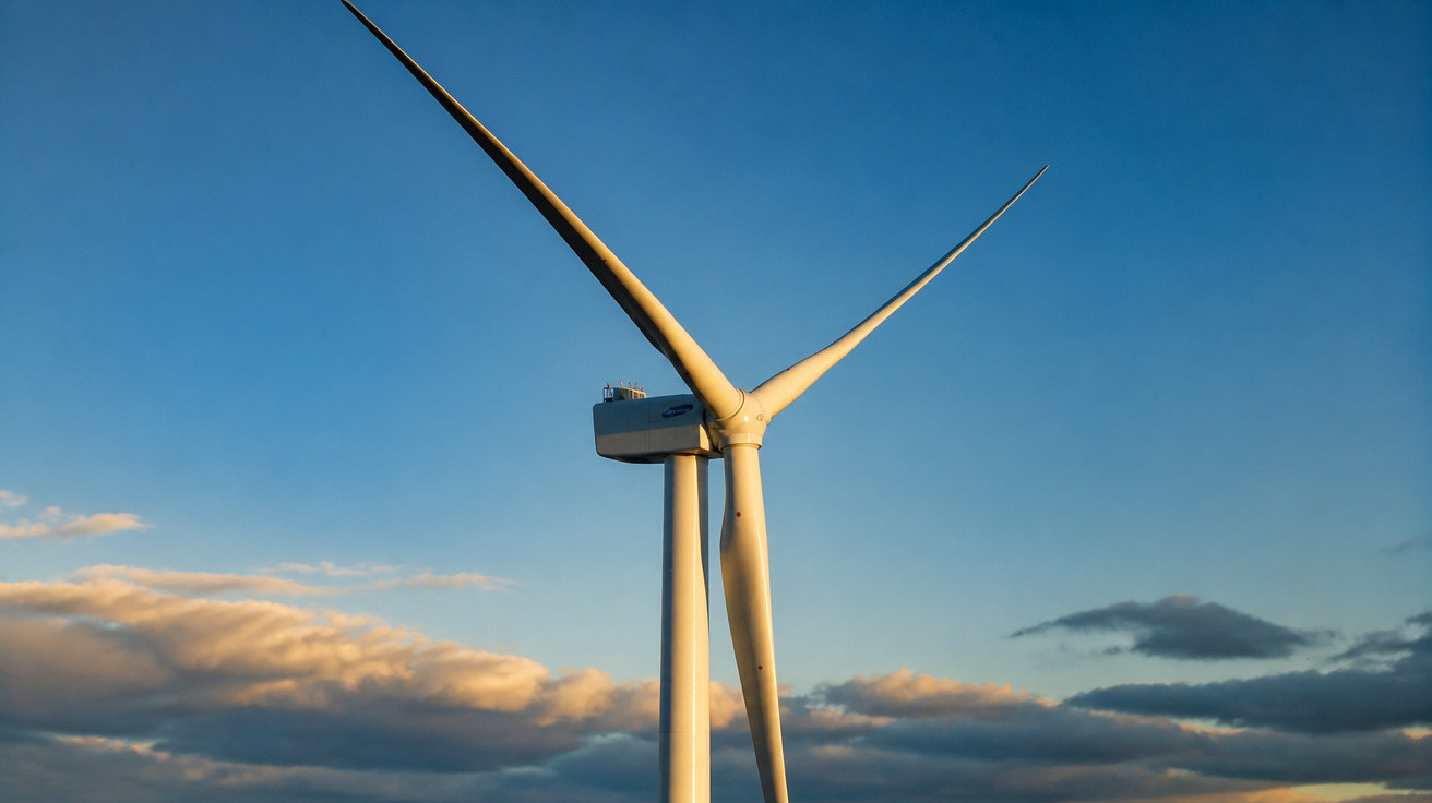 Turbina eólica com céu azul e nuvens ao entardecer, representando energia limpa e renovável.