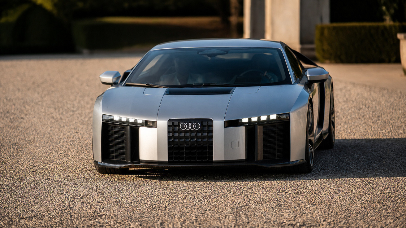 Audi concept car prata de design futurista parado em caminho de pedras.