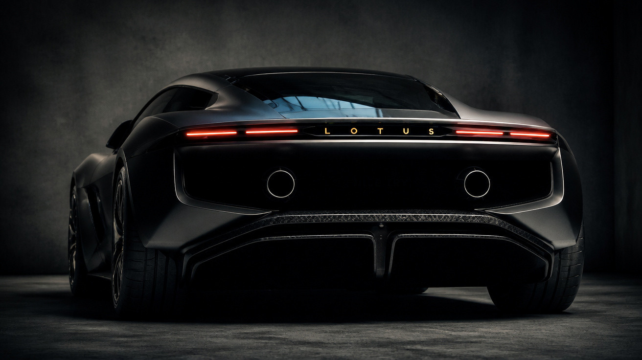Carro esportivo preto Lotus visto de trás em ambiente escuro com iluminação suave.