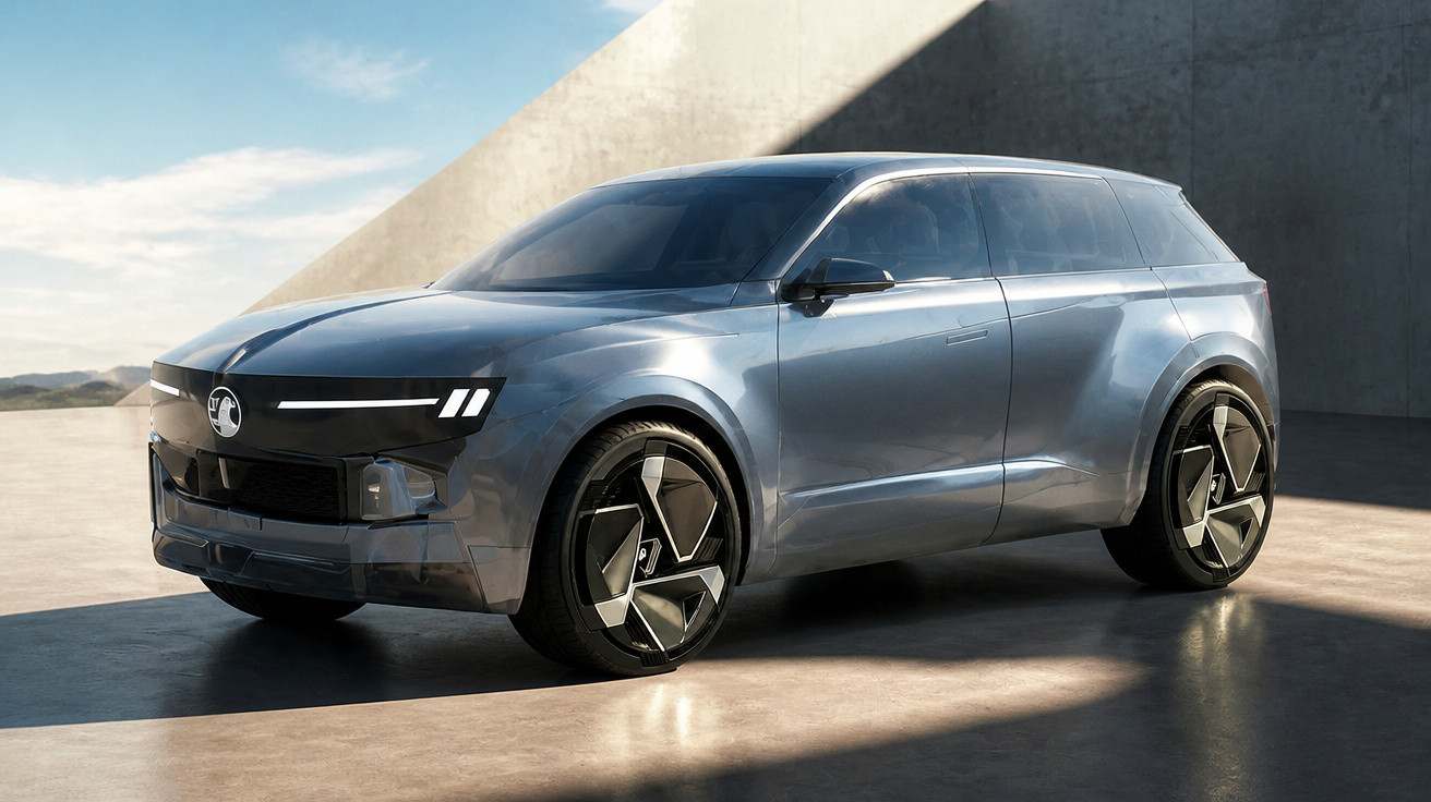Carro SUV moderno cinza com design futurista estacionado em área externa iluminada pelo sol.