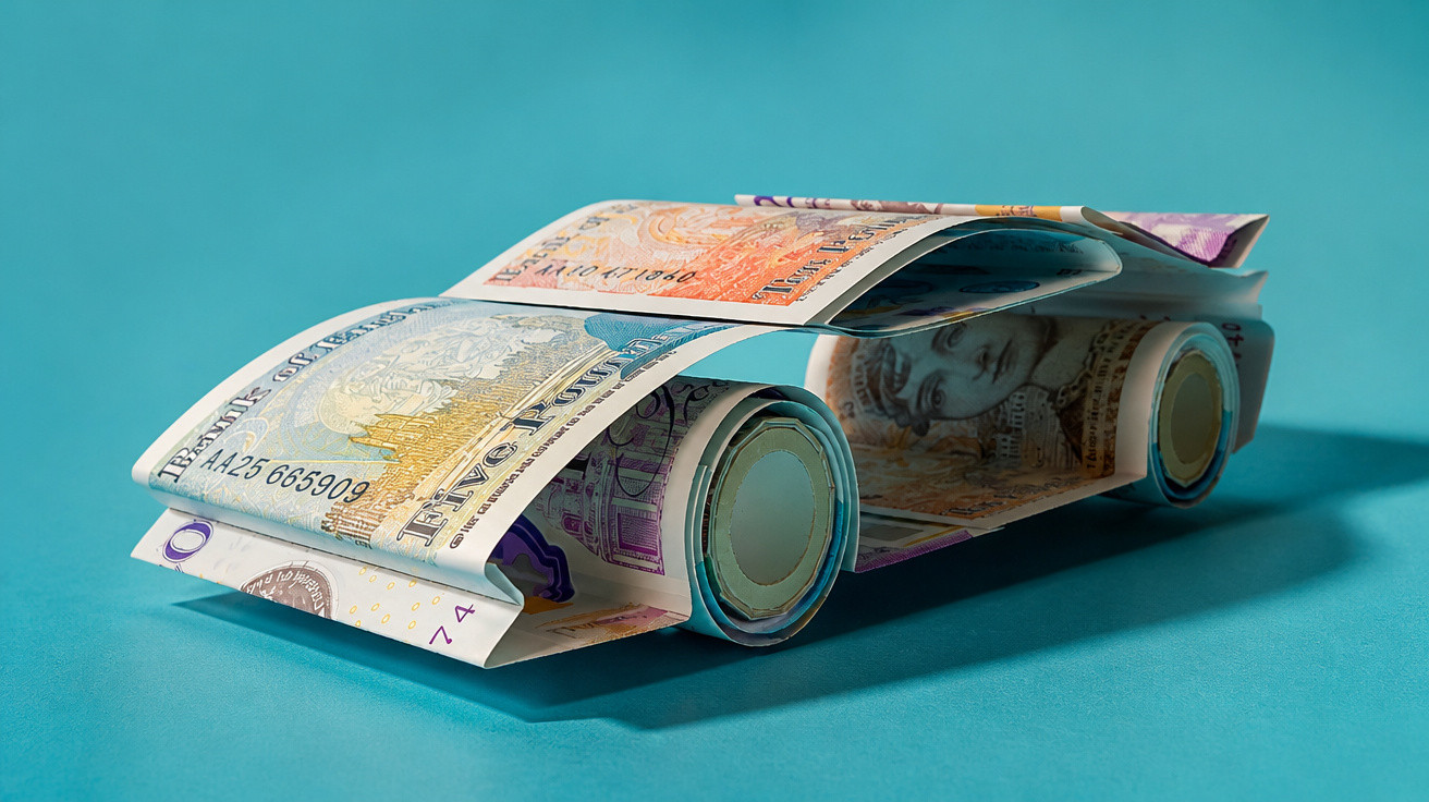 Carro feito de notas de dinheiro dobradas sobre fundo azul.