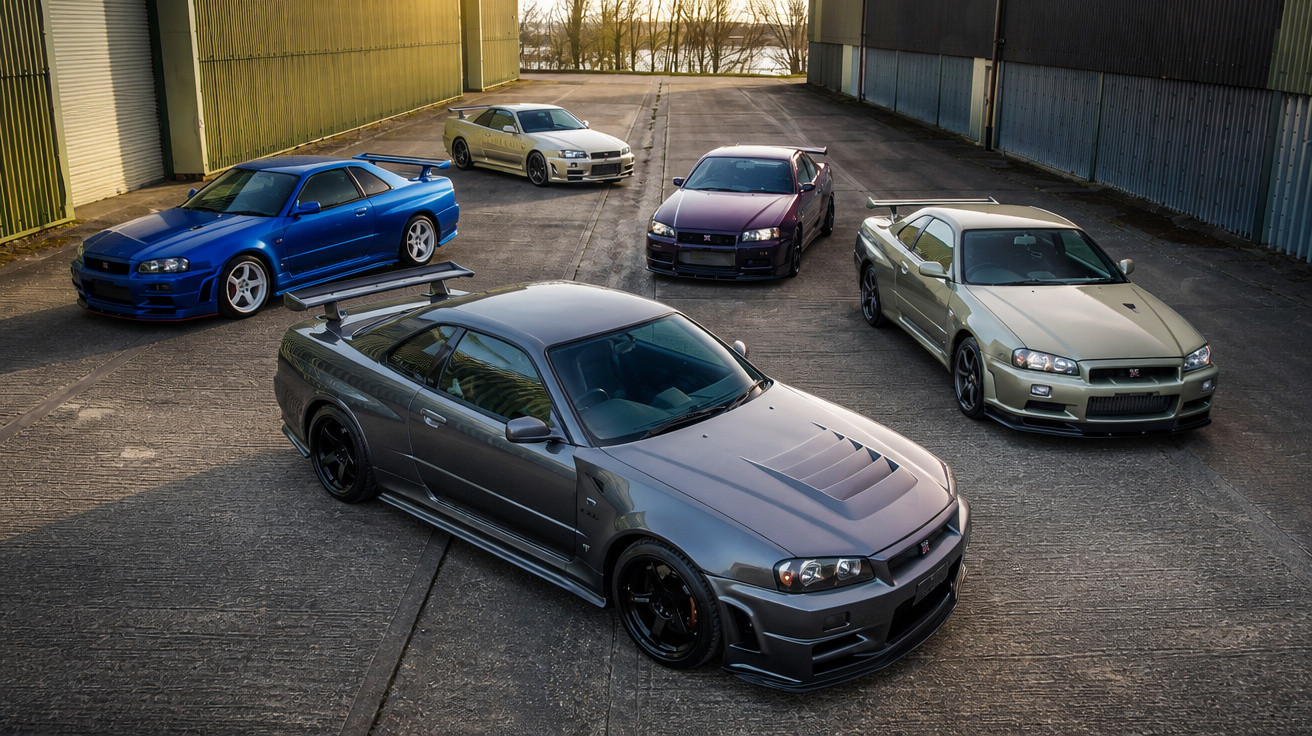 Cinco carros esportivos Nissan Skyline GT-R estacionados em área industrial ao ar livre.