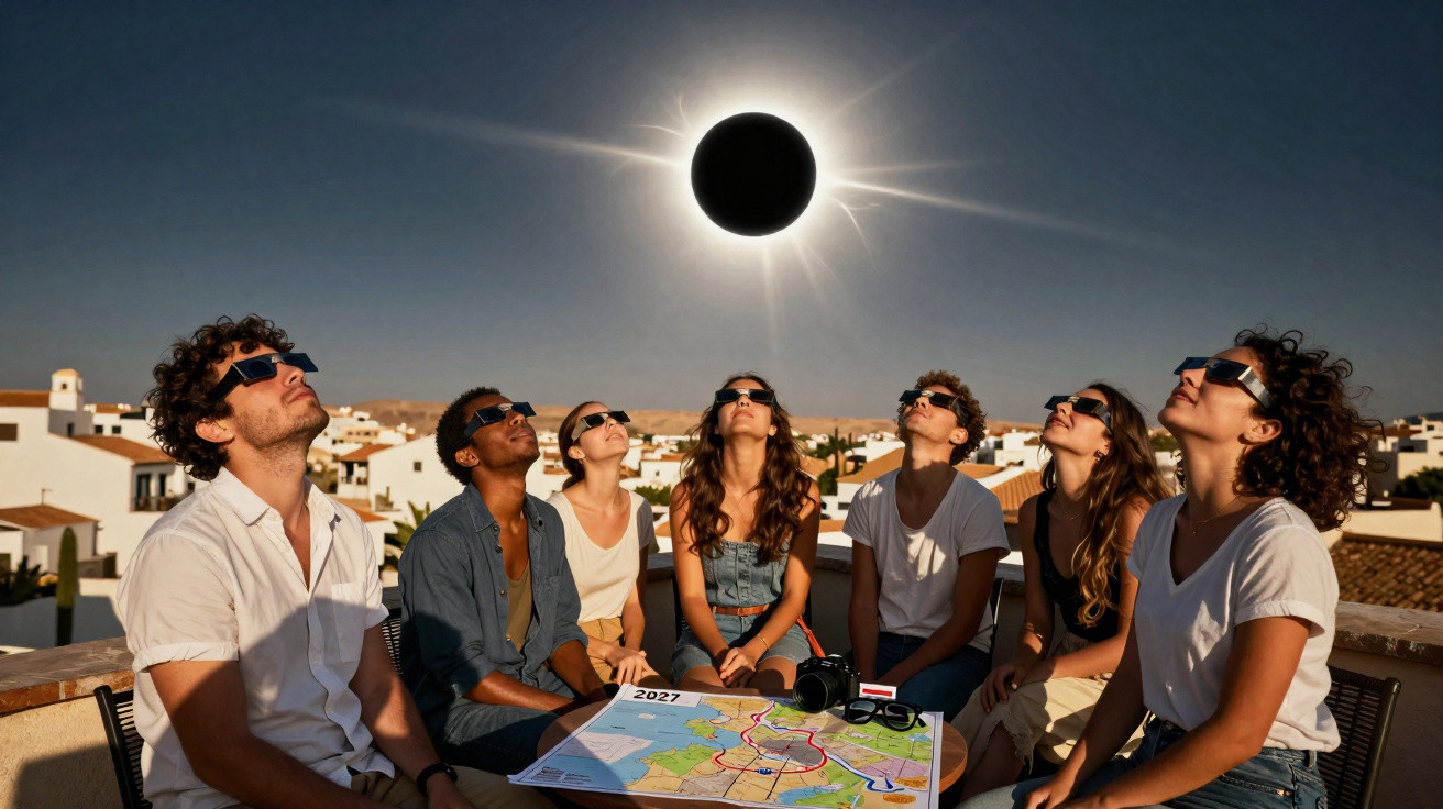Grupo de sete pessoas usando óculos solares observando eclipse solar com mapa e câmera sobre mesa ao ar livre.