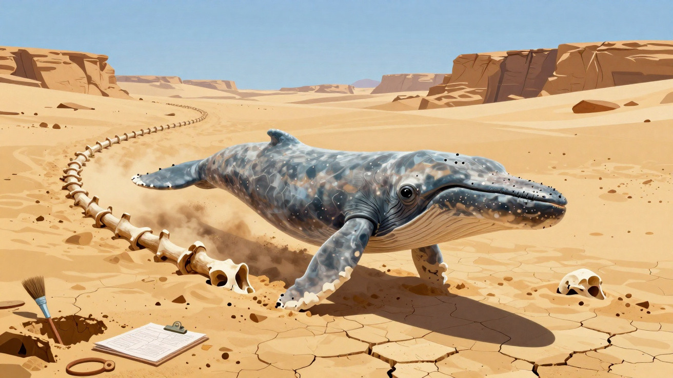 Baleia caminhando no deserto com esqueleto longo e ferramentas de pesquisa ao lado, cenário árido.