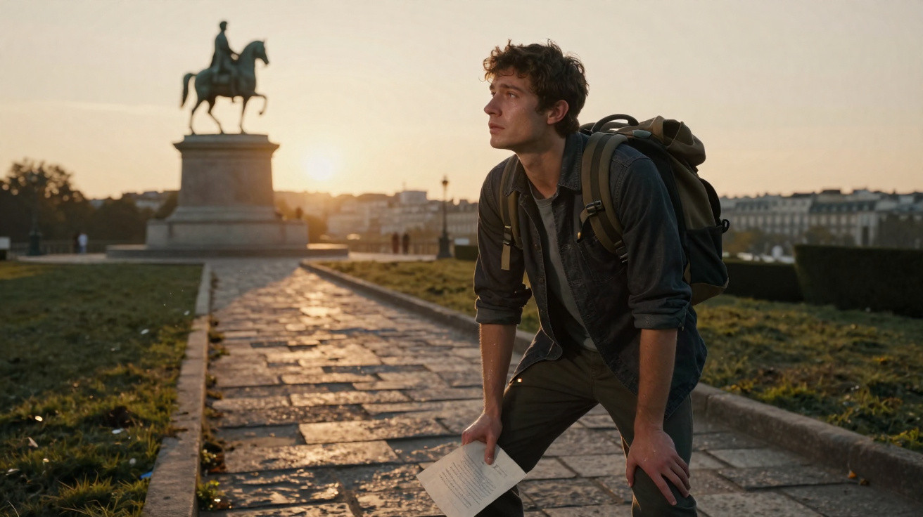 Jovem com mochila e papel segura-se curvado em calçada ao pôr do sol próximo a estátua equestre.