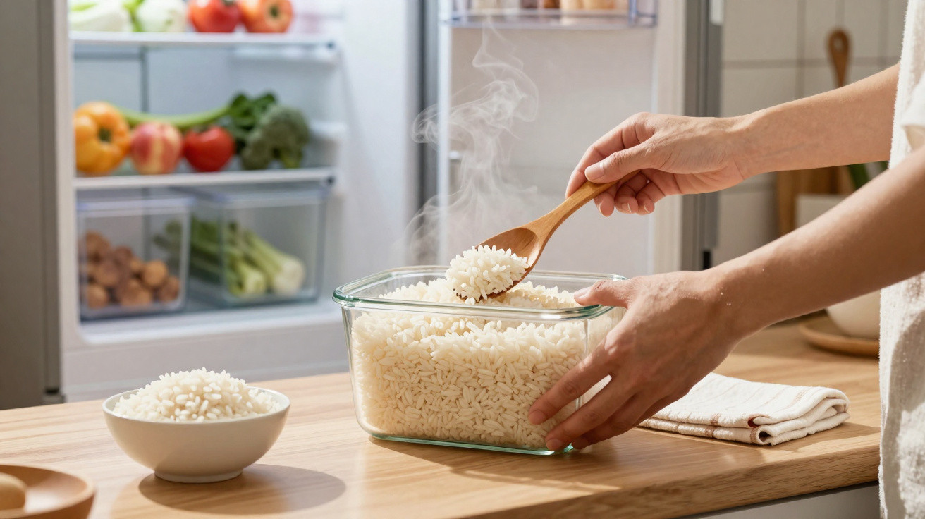Mãos servindo arroz branco quente com colher de madeira em recipiente de vidro na cozinha.