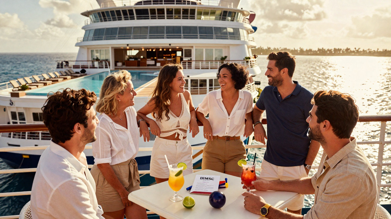 Grupo de seis pessoas conversando e sorrindo no convés de um navio de cruzeiro ao entardecer.