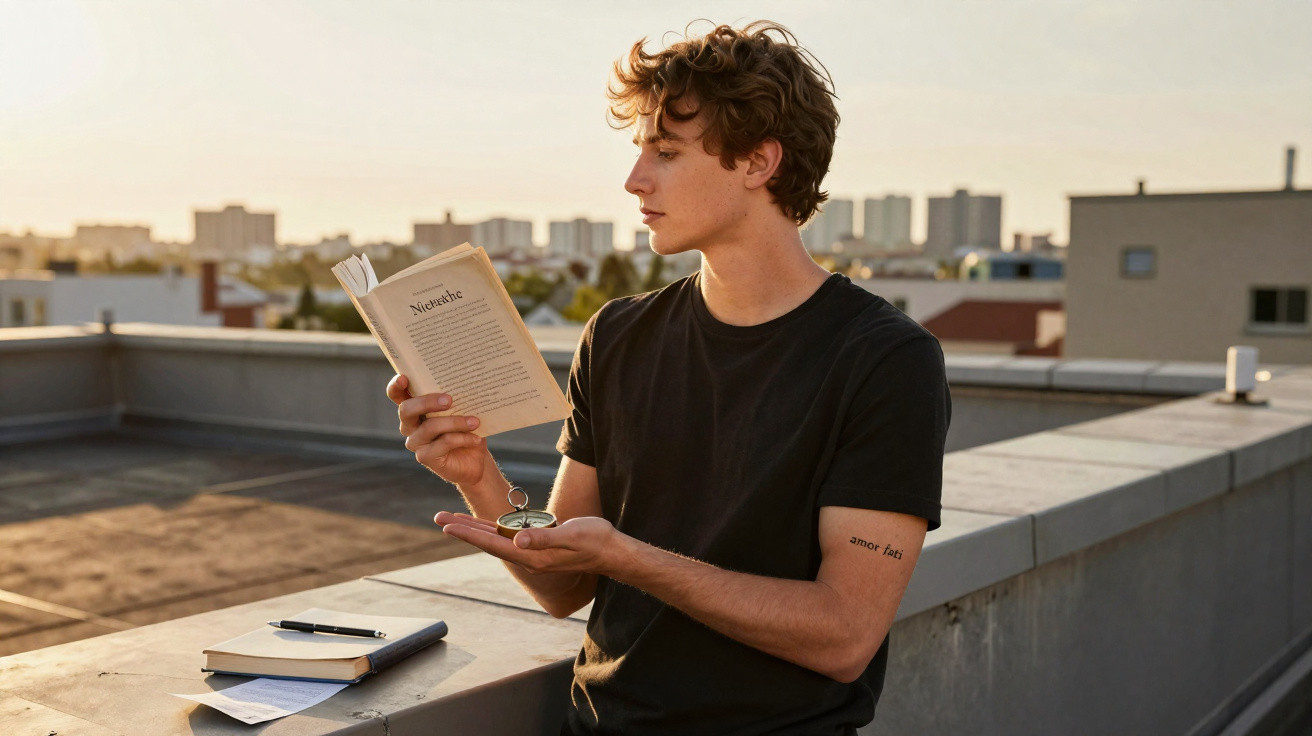 Jovem com camiseta preta lê livro segurando um relógio de bolso, sentado em um parapeito ao pôr do sol.