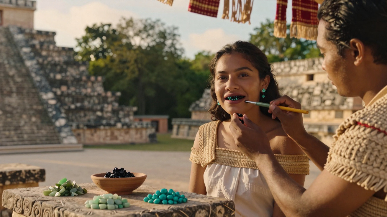Jovem recebe aplicação de dentes de jade em mercado tradicional com pirâmides maias ao fundo.