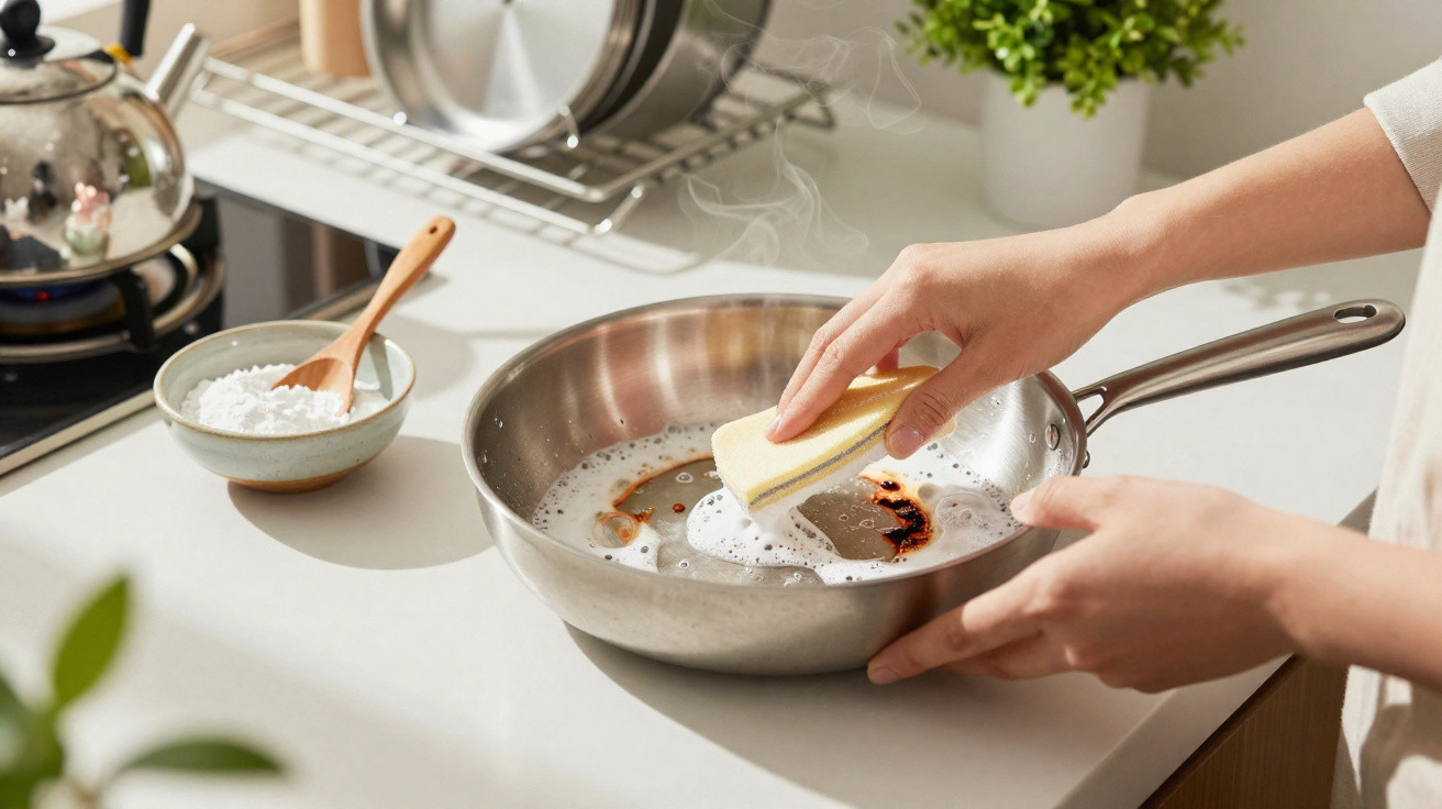 Pessoa limpando frigideira de inox com esponja na cozinha iluminada, ao lado de tigela com pó de limpeza.