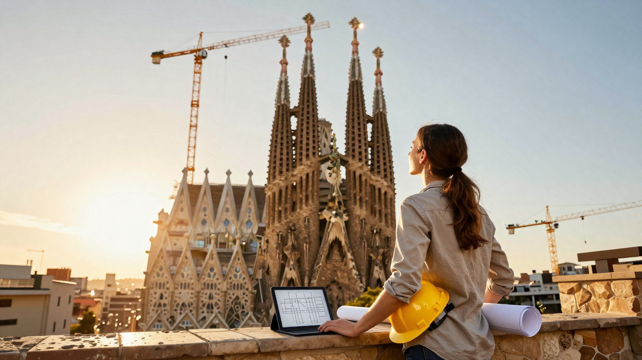 Mulher engenheira com capacete e plantas observa a Sagrada Família em construção ao pôr do sol.