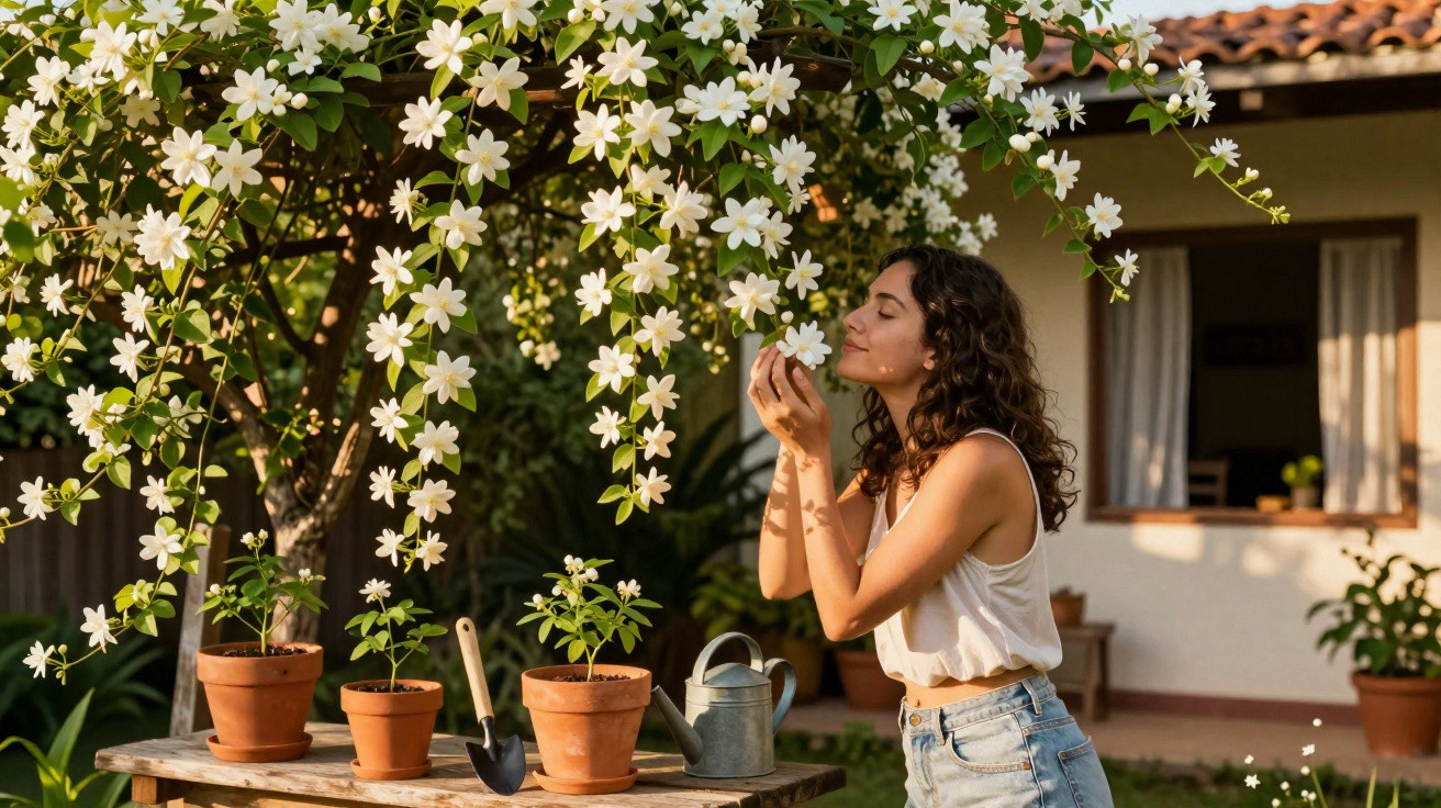 Mulher cheirando flores brancas em jardim com várias plantas em vasos sobre mesa de madeira.