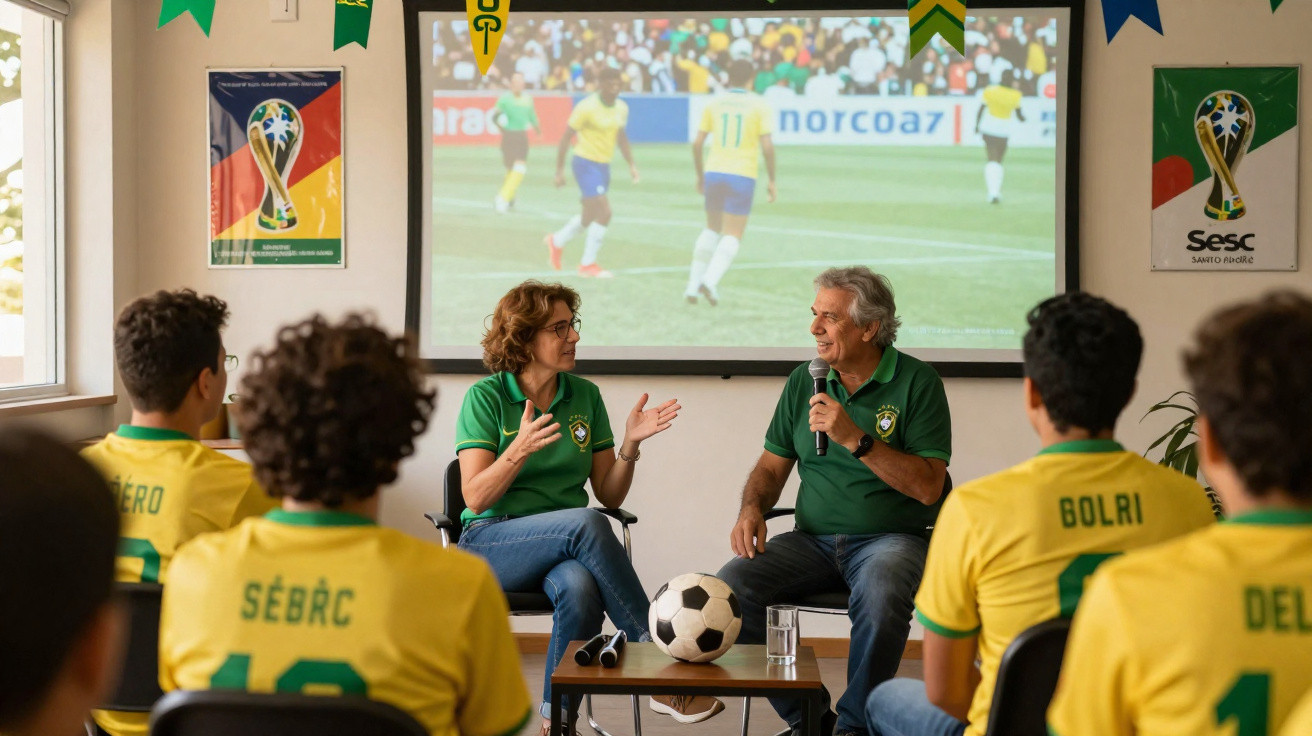 Pessoas assistindo palestra sobre futebol com camisa verde e uniforme amarelo em sala decorada com bandeiras brasileiras.