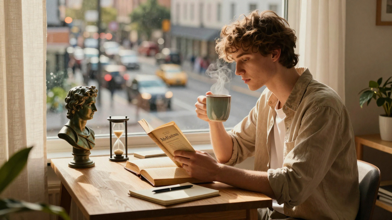 Jovem lendo livro e tomando café fumegante em mesa próxima à janela com vista para rua urbana.