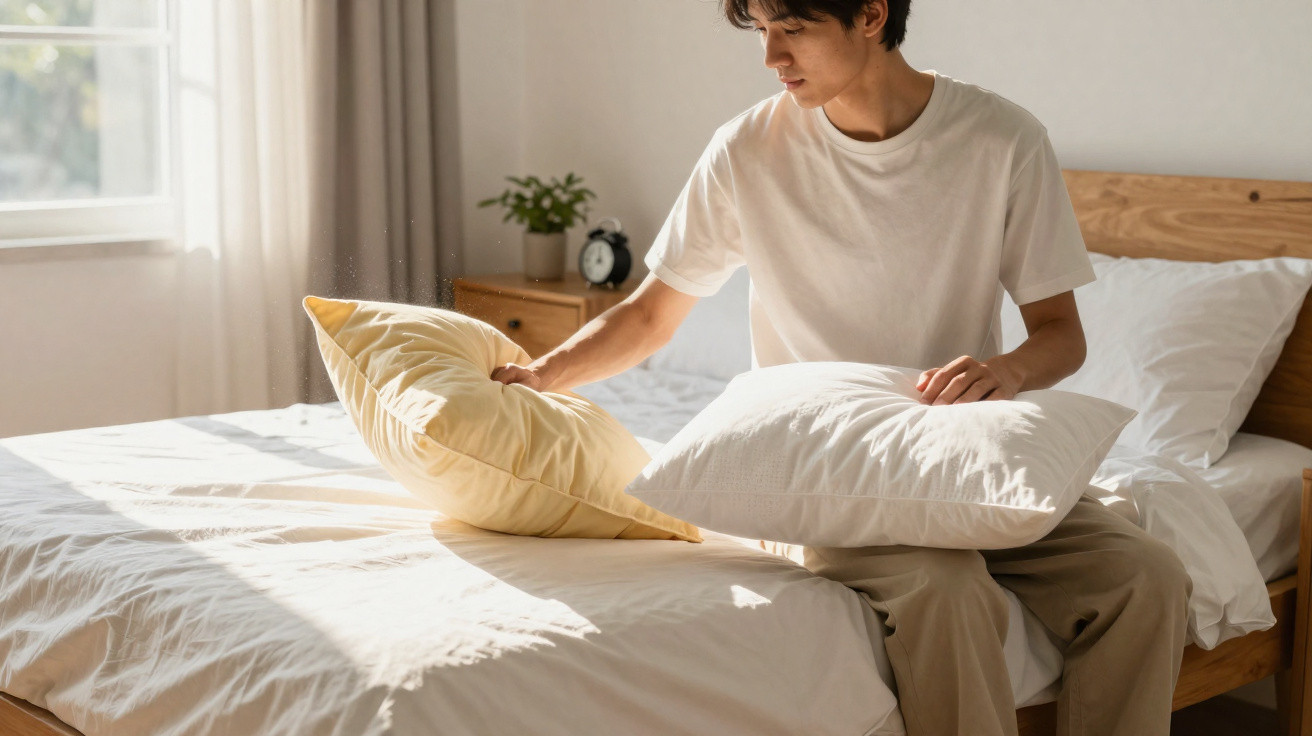 Jovem sentado na cama segurando duas almofadas em um quarto iluminado pelo sol pela janela.