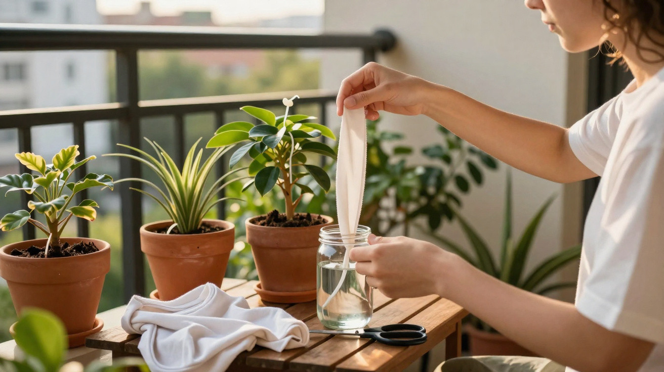 Pessoa mergulhando uma peça de pano branca em um vidro com água em mesa ao ar livre com plantas.