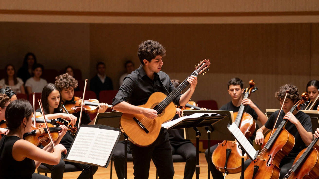 Grupo de músicos jovens tocando violão, violinos e violoncelos em concerto em salão de música.