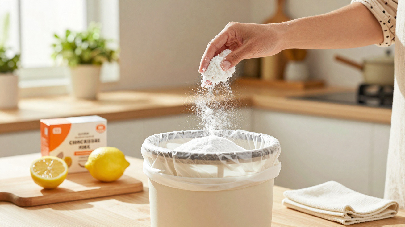 Mão descartando bicarbonato de sódio no lixo em cozinha com limões e toalha na bancada.