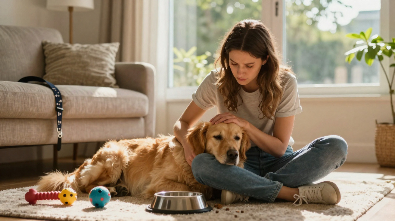 Mulher sentada no chão acariciando cachorro Golden Retriever ao lado de brinquedos e tigela de água.