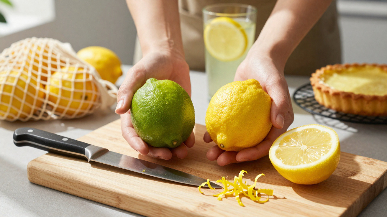 Mãos segurando limão verde e amarelo sobre tábua com faca, raspas, limão cortado e suco com fatia.