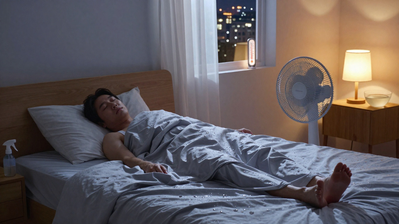 Pessoa dormindo em cama com lençol úmido, ventilador ligado e lampada acesa, cenário noturno.