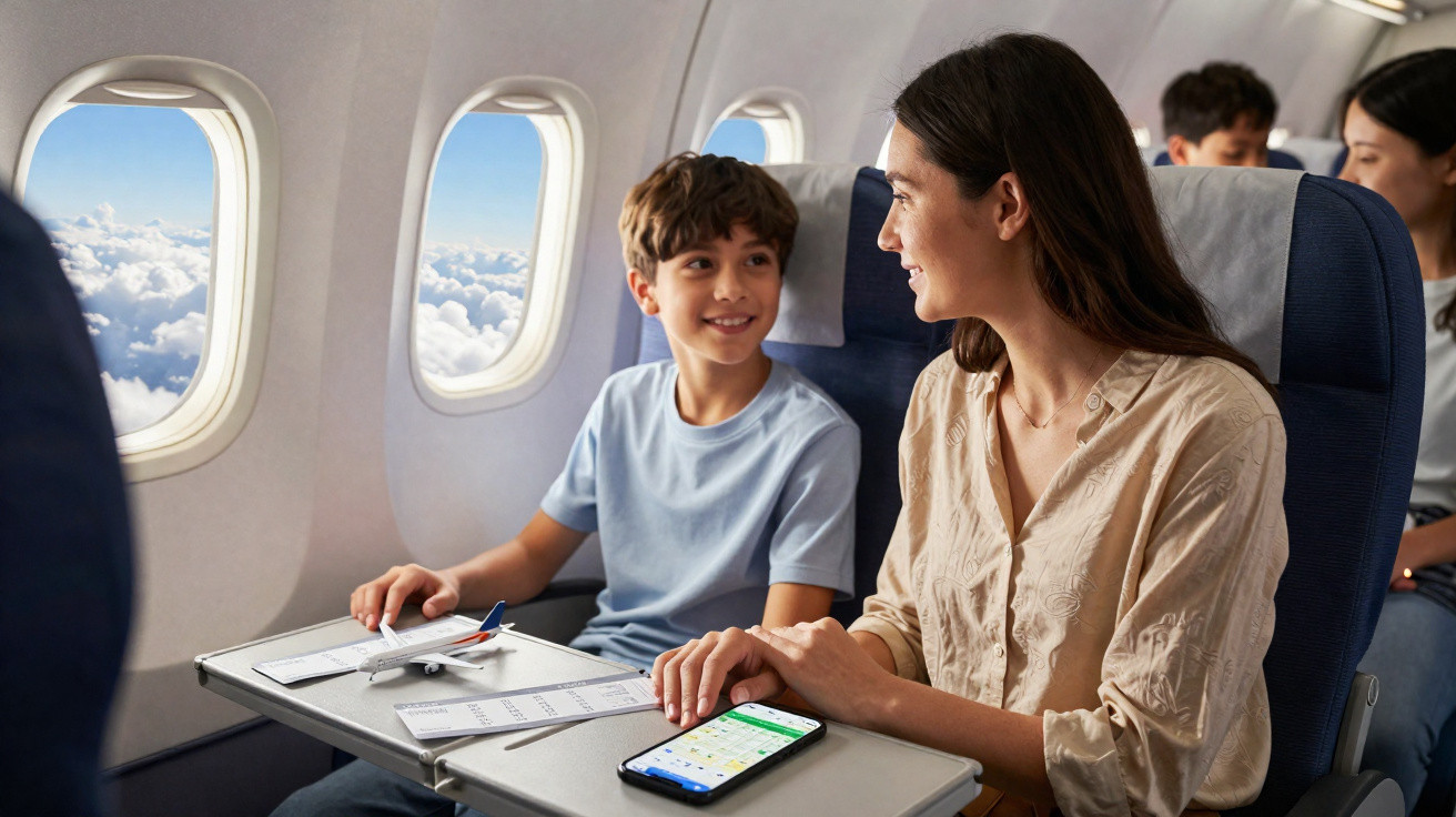 Mãe e filho sorrindo enquanto viajam de avião, com brinquedo de avião e smartphone na mesa à frente.